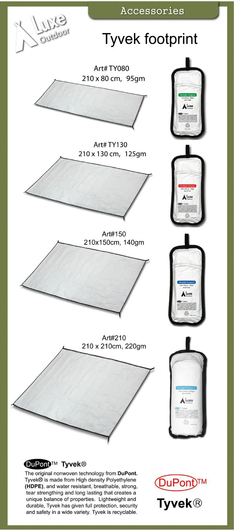 Luxe Outdoor Tyvek Ultralight Footprint 210 x 80 cm Luxe Outdoor Tyvek Ultralight Footprint 210 X 80 Cm -Camping Soldes Boutique tapis de sol footprint tyvek luxe outdoor 3